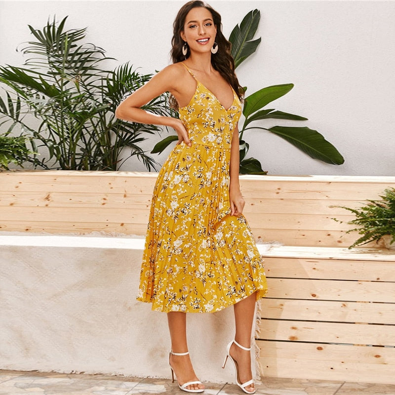 Yellow Surplice Neck Pleated Floral Cami Dress Women Summer Sleeveless High Waist Boho Wrap Long Dresses | Vimost Shop.