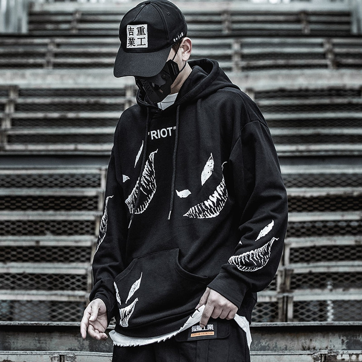 Hip Hop Darkwear Mask Print Loose Hoodies Men Streetwear Techwear Pullover Hoodie Sweatshirt Tops Streetwear | Vimost Shop.