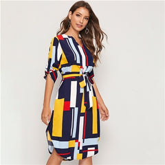 Geometric V Cut Neck Colorblock Casual Dress With Belt Women Autumn Roll Up Sleeve Button Side Straight Midi Dresses | Vimost Shop.