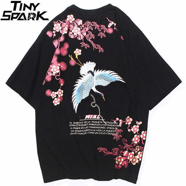 Mens Hip Hop T Shirts Pink Floral Crane Streetwear Tshirt Harajuku Summer Short Sleeve | Vimost Shop.