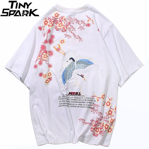 Mens Hip Hop T Shirts Pink Floral Crane Streetwear Tshirt Harajuku Summer Short Sleeve | Vimost Shop.