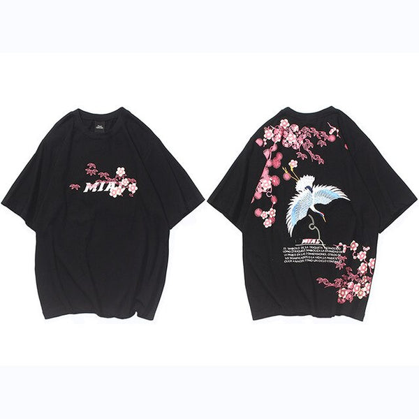 Mens Hip Hop T Shirts Pink Floral Crane Streetwear Tshirt Harajuku Summer Short Sleeve | Vimost Shop.