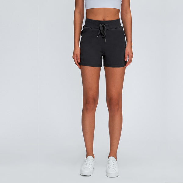 Leisure Nylon Yoga Gym Workout Shorts Women Anti-sweat High Waist Drawstring Running Sport Shorts with Pocket