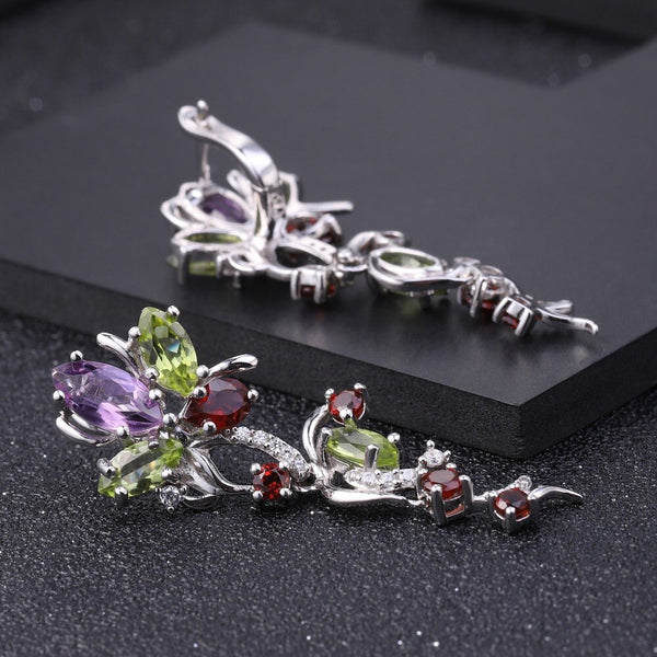 Flower Multicolor Natural Peridot Amethyst Garnet 925 Sterling Silver Vintage Drop Earrings Fine Jewelry for Women | Vimost Shop.