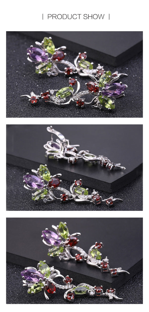 Flower Multicolor Natural Peridot Amethyst Garnet 925 Sterling Silver Vintage Drop Earrings Fine Jewelry for Women | Vimost Shop.
