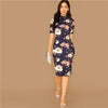 Navy Floral Print Stand Collar Elegant Bodycon Dress Women Autumn Short Sleeve Form Fitted Midi Pencil Dresses | Vimost Shop.