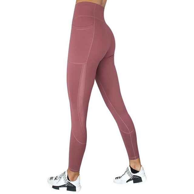 Full Length Workout Leggings With Pocket Women High Waist Mesh Patchwork Yoga Pants Fitness Gym Exercise Sport Pants | Vimost Shop.