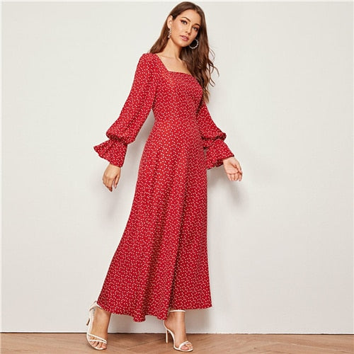 Red Square Neck Heart Print Elegant Long Dress Women Autumn Flounce Sleeve High Waist Zipper Back Flared Maxi Dresses | Vimost Shop.