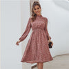 Red Ditsy Floral Print Stand Collar Casual Dress Women Spring High Waist Bishop Sleeve A Line Frill Midi Dresses | Vimost Shop.