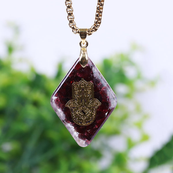 Natural garnet Orgonite pendant Hand Of Fatifa energy necklace healing jewelry for women | Vimost Shop.