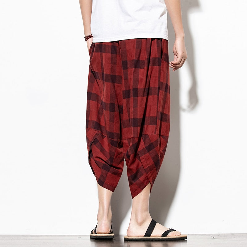 Streetwear Mens Cotton Beach Pants Male Summer Casual Calf-Length Pants Man Plaid Hip Hop Baggy Loose Trousers | Vimost Shop.
