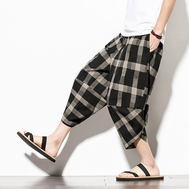 Streetwear Mens Cotton Beach Pants Male Summer Casual Calf-Length Pants Man Plaid Hip Hop Baggy Loose Trousers | Vimost Shop.