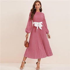 Abaya Blue Lantern Sleeve Polka Dot Pleated Dress With Belt Women Spring A Line Elegant High Waist Long Dresses | Vimost Shop.