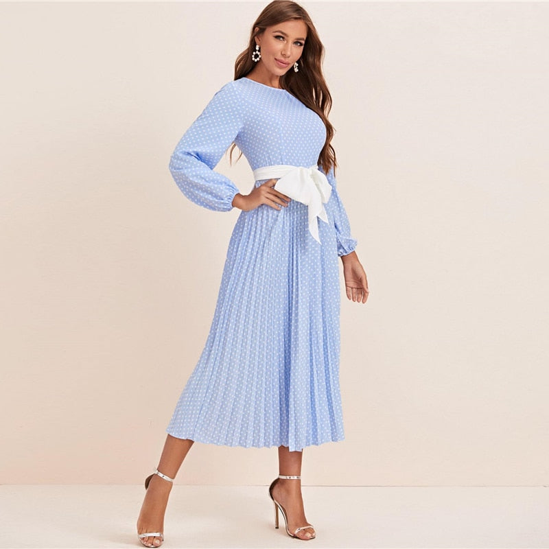 Abaya Blue Lantern Sleeve Polka Dot Pleated Dress With Belt Women Spring A Line Elegant High Waist Long Dresses | Vimost Shop.