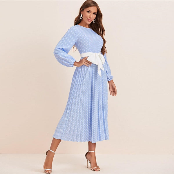 Abaya Blue Lantern Sleeve Polka Dot Pleated Dress With Belt Women Spring A Line Elegant High Waist Long Dresses | Vimost Shop.