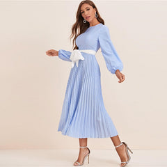 Abaya Blue Lantern Sleeve Polka Dot Pleated Dress With Belt Women Spring A Line Elegant High Waist Long Dresses | Vimost Shop.