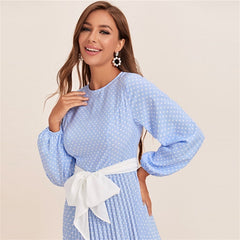 Abaya Blue Lantern Sleeve Polka Dot Pleated Dress With Belt Women Spring A Line Elegant High Waist Long Dresses | Vimost Shop.