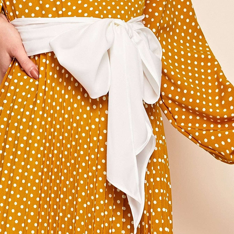 Abaya Blue Lantern Sleeve Polka Dot Pleated Dress With Belt Women Spring A Line Elegant High Waist Long Dresses | Vimost Shop.