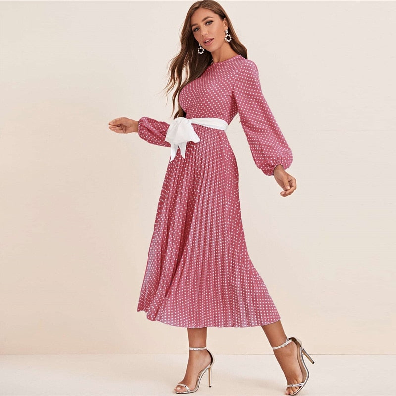 Abaya Blue Lantern Sleeve Polka Dot Pleated Dress With Belt Women Spring A Line Elegant High Waist Long Dresses | Vimost Shop.