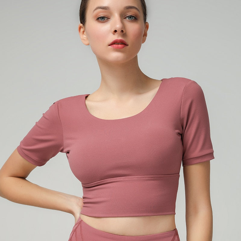 Stretchy Padded Workout Gym T-shirt Women Plain Cotton Feel Yoga Sport Short-Sleeved Shirts with Removable Chest Pads