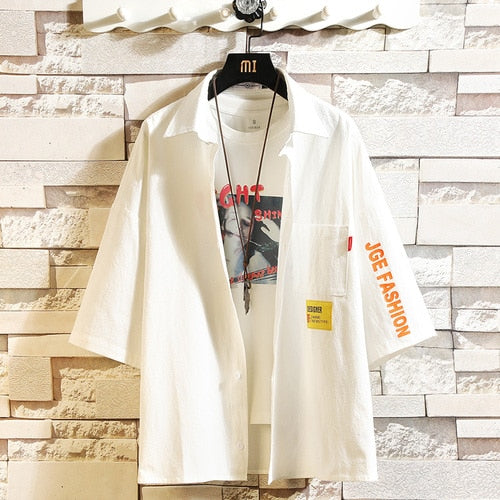 White Oversized Cotton Military Mens Blouses Fashion Summer Casual Shirts Top Men Loose Short Sleeve Japanese Male Blouse | Vimost Shop.