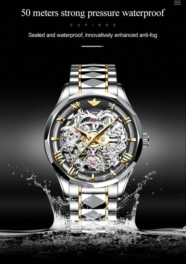 Luxury Men Automatic Mechanical Watch Skeleton Tungsten Steel Waterproof Self-Wind Sapphire Glass Wristwatch | Vimost Shop.