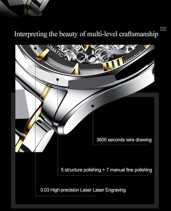 Luxury Men Automatic Mechanical Watch Skeleton Tungsten Steel Waterproof Self-Wind Sapphire Glass Wristwatch | Vimost Shop.