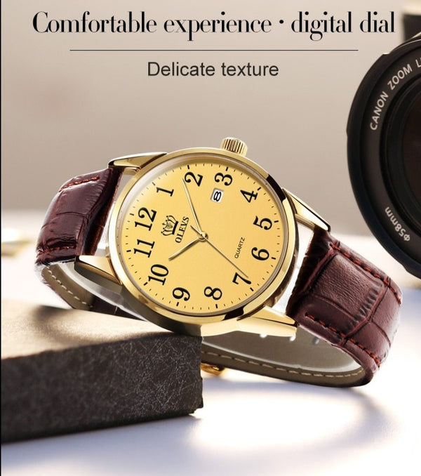 Men Watch Easy Reader Date Brown Leather Strap Waterproof Casual Quartz Wristwatch Gifts for Men | Vimost Shop.