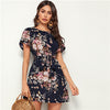 Navy Floral Print Petal Sleeve Belted Tunic Shift Dress Women Summer Short Sleeve Ladies Straight Bohemian Short Dresses | Vimost Shop.