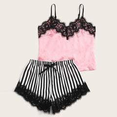 Lace Satin Cami With Striped Women Pijamas Sexy Sleepwear | Vimost Shop.