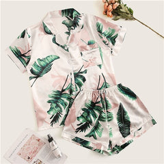 Tropical Print Satin Pajama Set Casual Sleep Wear Shorts Sets Short Sleeve Pocket Women Summer Pajama Set | Vimost Shop.