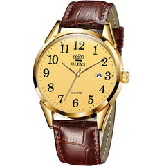 Men Watch Easy Reader Date Brown Leather Strap Waterproof Casual Quartz Wristwatch Gifts for Men
