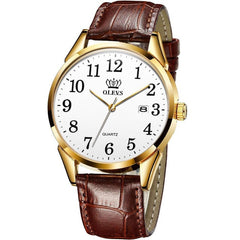 Men Watch Easy Reader Date Brown Leather Strap Waterproof Casual Quartz Wristwatch Gifts for Men | Vimost Shop.