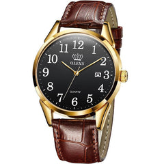 Men Watch Easy Reader Date Brown Leather Strap Waterproof Casual Quartz Wristwatch Gifts for Men | Vimost Shop.