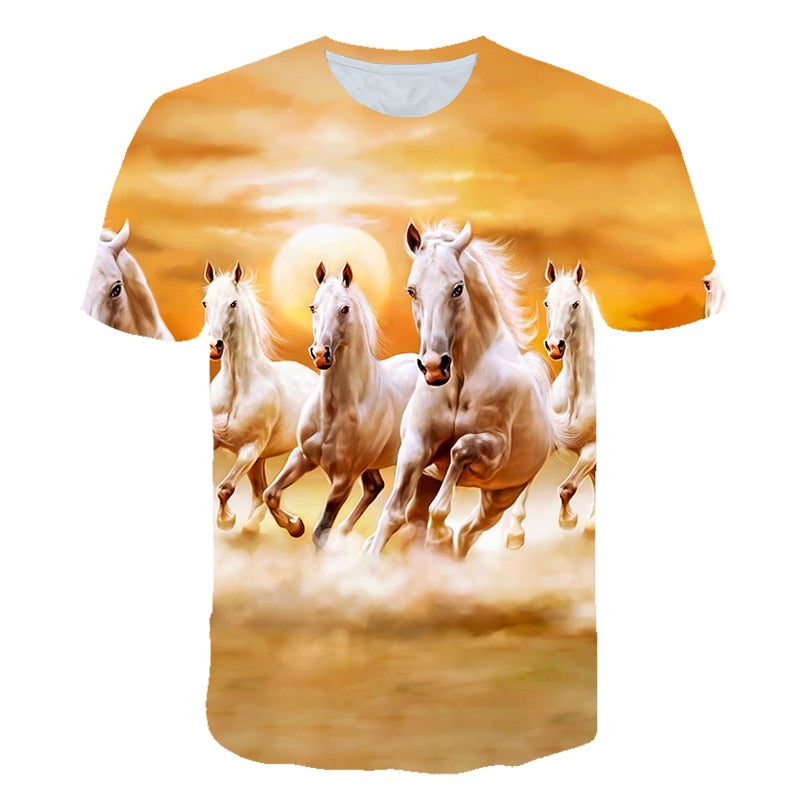 Men Streetwear Round Neck Short Sleeve Tees Tops Funny Animal Male Clothes Casual Run Horse 3D Print Tshirt | Vimost Shop.