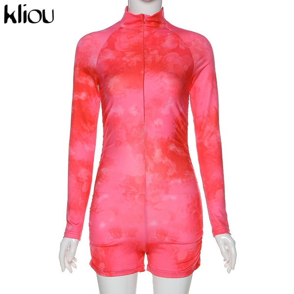 Skinny women zipper playsuits sexy rompers clubwear print full sleeve sportwear turtleneck | Vimost Shop.