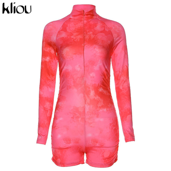 Skinny women zipper playsuits sexy rompers clubwear print full sleeve sportwear turtleneck | Vimost Shop.