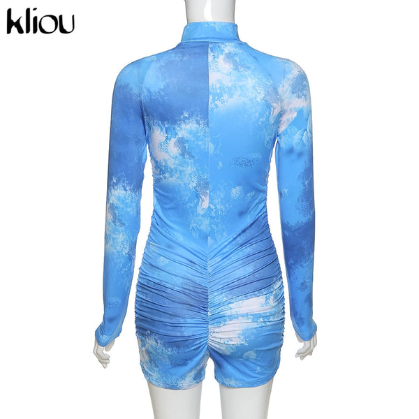 Skinny women zipper playsuits sexy rompers clubwear print full sleeve sportwear turtleneck | Vimost Shop.
