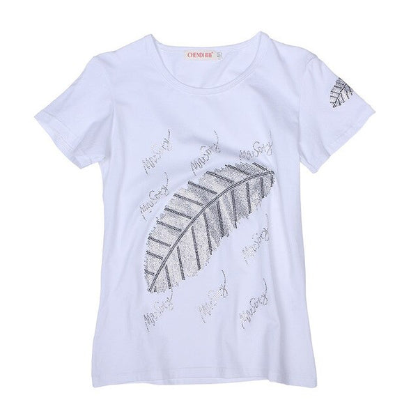 Red/White/Black Summer Short Sleeve T-Shirt Women's Fashion Feather Hot Drilling Tops Tees | Vimost Shop.