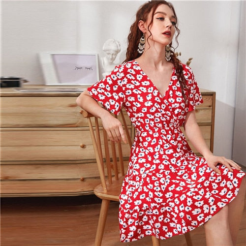 Green Ditsy Floral Surplice Front Ruffle Hem Dress Women V Neck Short Sleeve Summer Boho High Waist Short A Line Dresses | Vimost Shop.