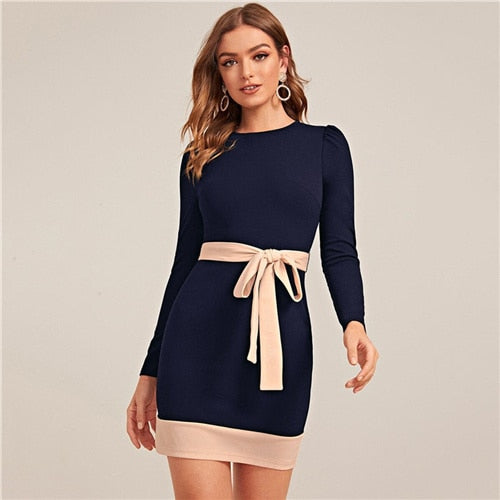 Two Tone Elegant Bodycon Dress With Belt Women Spring Long Sleeve Zipper Back High Waist Office Lady Short Pencil Dresses | Vimost Shop.
