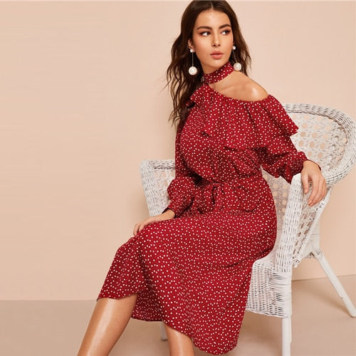 Polka Dot Print Ruffle Trim Cut Out Neck Sexy Dress Women Clothes Spring Glamorous Long Sleeve Belted Midi Dress | Vimost Shop.