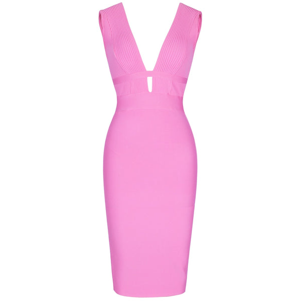 Women Cut Out Bandage Dress Bodycon Sexy Double Deep v Neck Pink Bandage Dress Rayon Evening Party Dress | Vimost Shop.