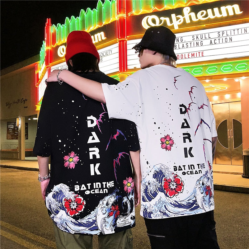Men Streetwear Japanese Sakura Waves Tshirt Short Sleeve Cotton Harajuku T-Shirt Oversize Japan Tees | Vimost Shop.
