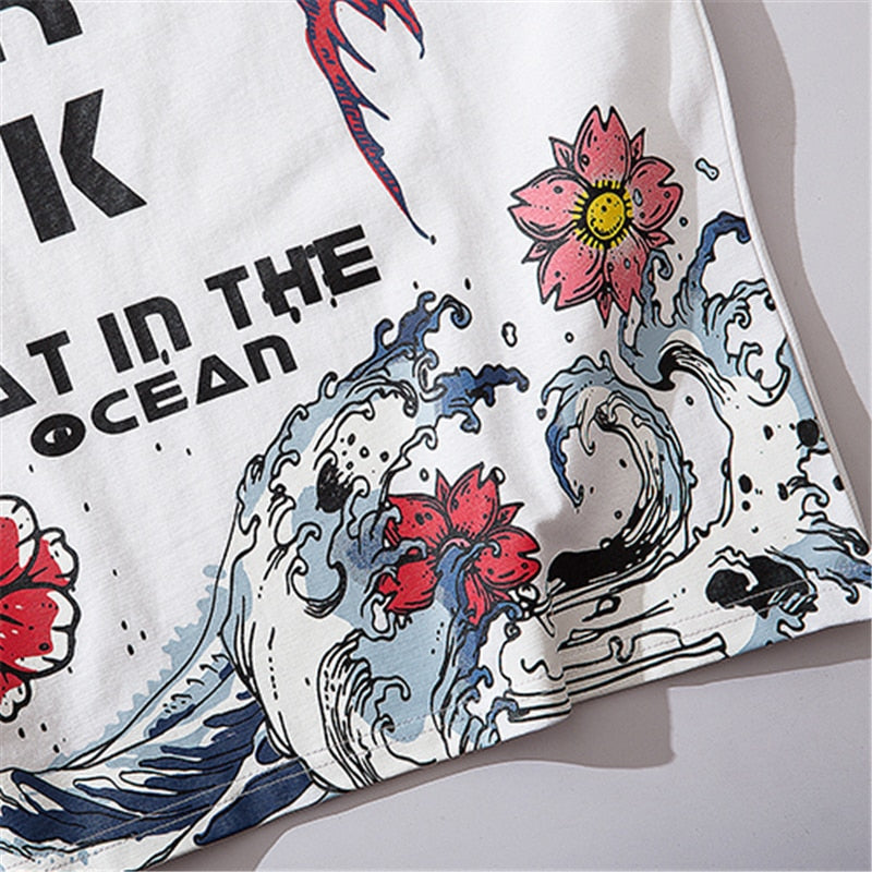 Men Streetwear Japanese Sakura Waves Tshirt Short Sleeve Cotton Harajuku T-Shirt Oversize Japan Tees | Vimost Shop.