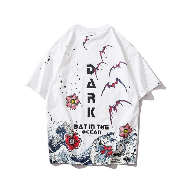 Men Streetwear Japanese Sakura Waves Tshirt Short Sleeve Cotton Harajuku T-Shirt Oversize Japan Tees | Vimost Shop.