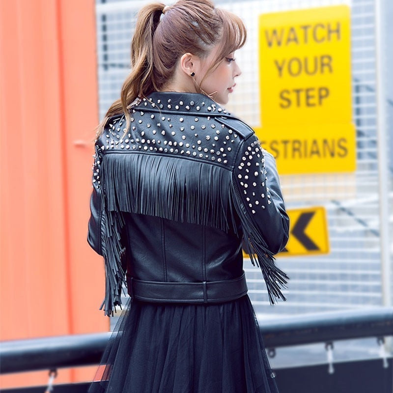 Fringed Rivet Punk Leather Jacket Women  PU Leather Jacket Locomotive Short Coat motorcycle Outerwear Ladies Coats | Vimost Shop.