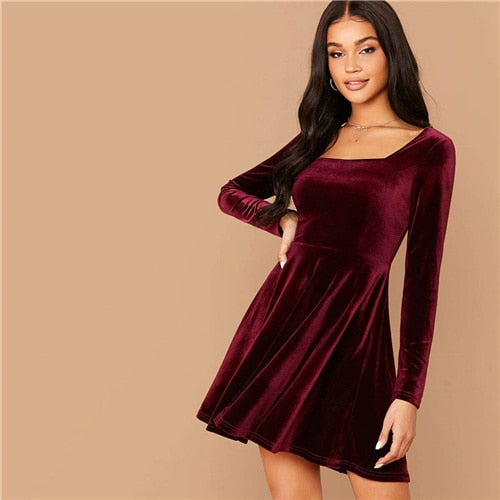 Solid Square Neck Flared Elegant Velvet Dress Women Spring High Waist Long Sleeve Ladies Fit And Flare Party Short Dresses | Vimost Shop.