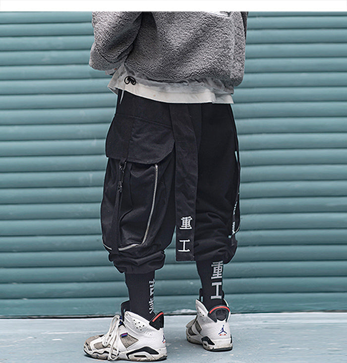 Multi Pocket Hip Hop Pants Men Ribbon Elastic Waist Harajuku Streetwear ...