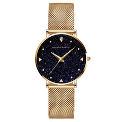 Japan Quartz Movement Stainless Steel Mesh Band Watch  Golden Ladies Wristwatches Flash Night Stars Face New Watches For Women